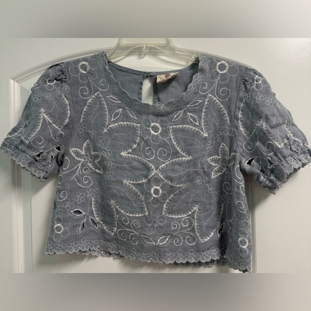 Muche Muchette Women's Blue Linen Embroidered Eyelet Crop Top Sz M/L